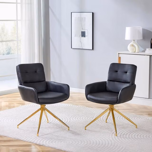 Poltrona Girevole 360 Design Lusso MINIMAL in Ecopelle Nera con Gambe in Metallo Dorato