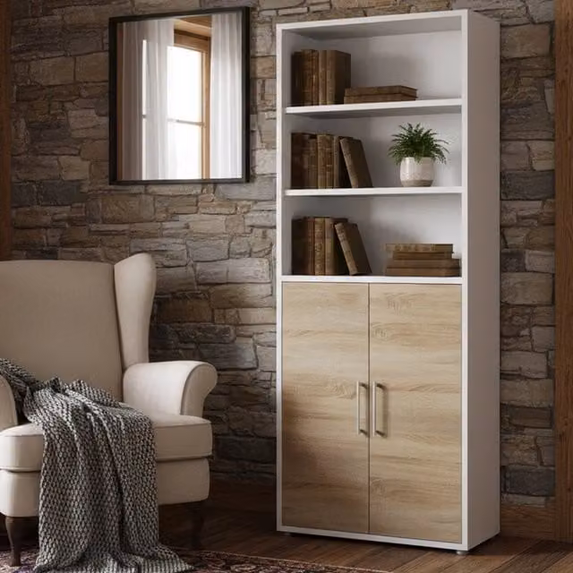 Credenza Valsesia DMORA, Buffet e Madia da Soggiorno o Cucina, Bianco e Quercia, L: 89 cm, P: 40 cm, H: 222 cm