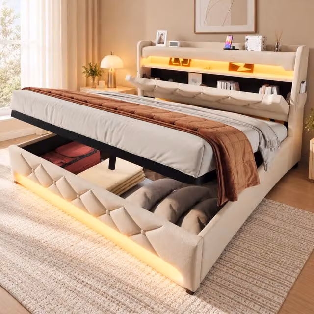 Letto contenitore imbottito 140 x 190 cm; contenitore con sollevamento idraulico; testiera con contenitore; USB/Type-C; LED 360 ; lino; beige