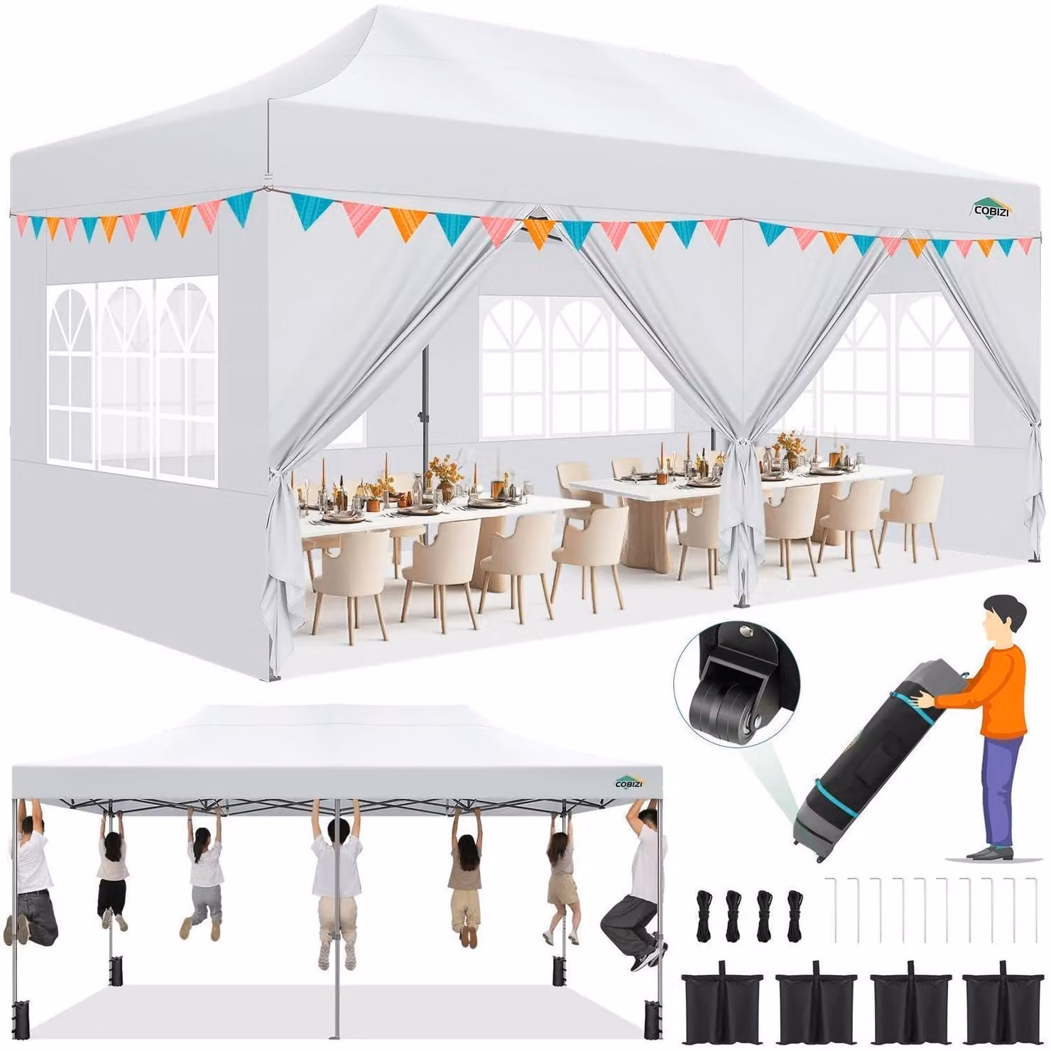 Gazebo da esterno 3x6 metri, impermeabile, con protezione UV e 6 pareti laterali, colore bianco, con altezza regolabile