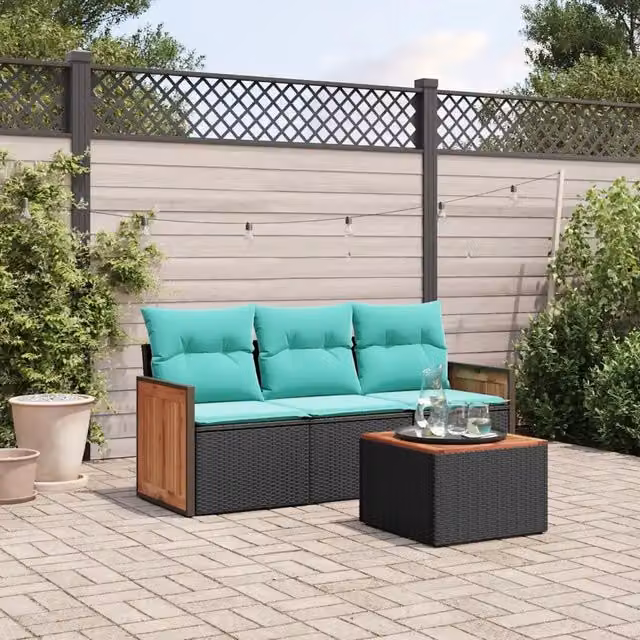 Set Divani da Giardino 4 pz con Cuscini Nero in Polyrattan 3227443