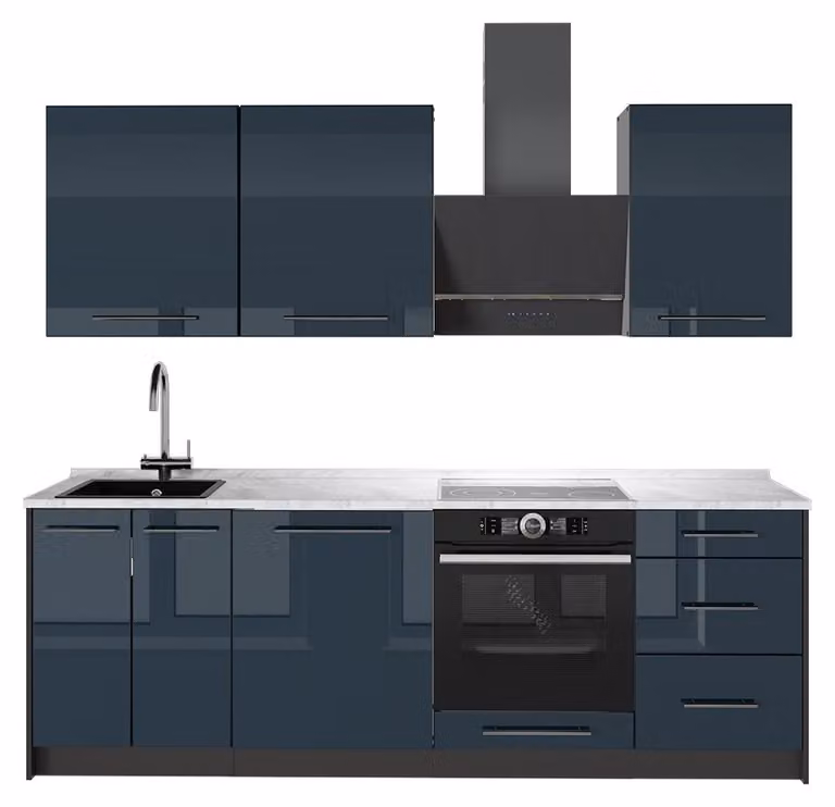 Cucina componibile Vicco Fame-Line Blu scuro lucido/Antracite 230 cm, PL Marmo, Model 64045