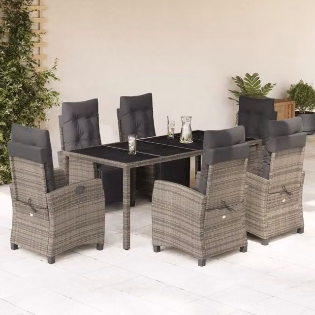 Set da pranzo da giardino vidaXL in polyrattan grigio con tavolo in vetro e 7 pezzi