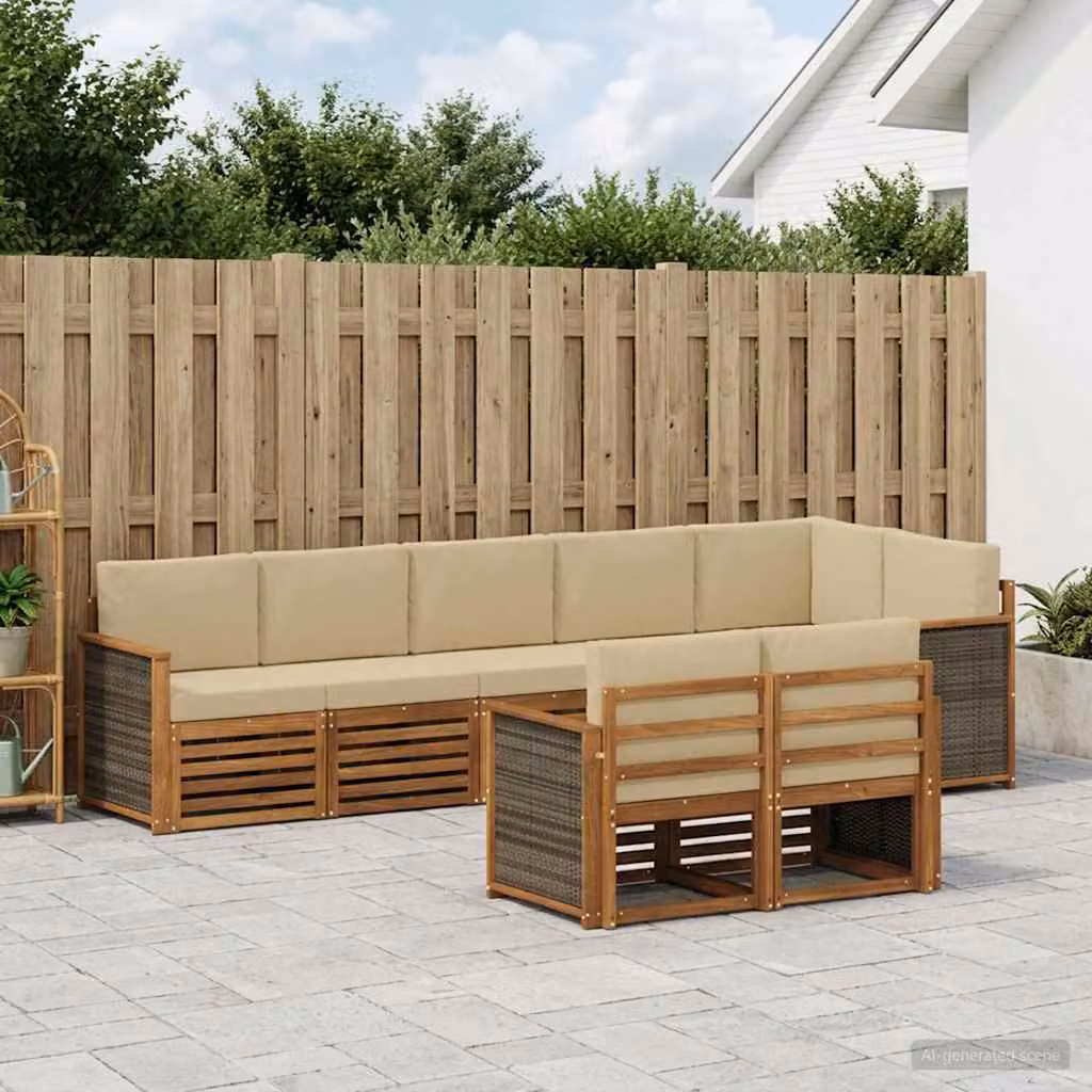 Set di divani da esterno vidaXL 7 pz in legno di acacia con cuscini beige e marroni in stile moderno a forma di L