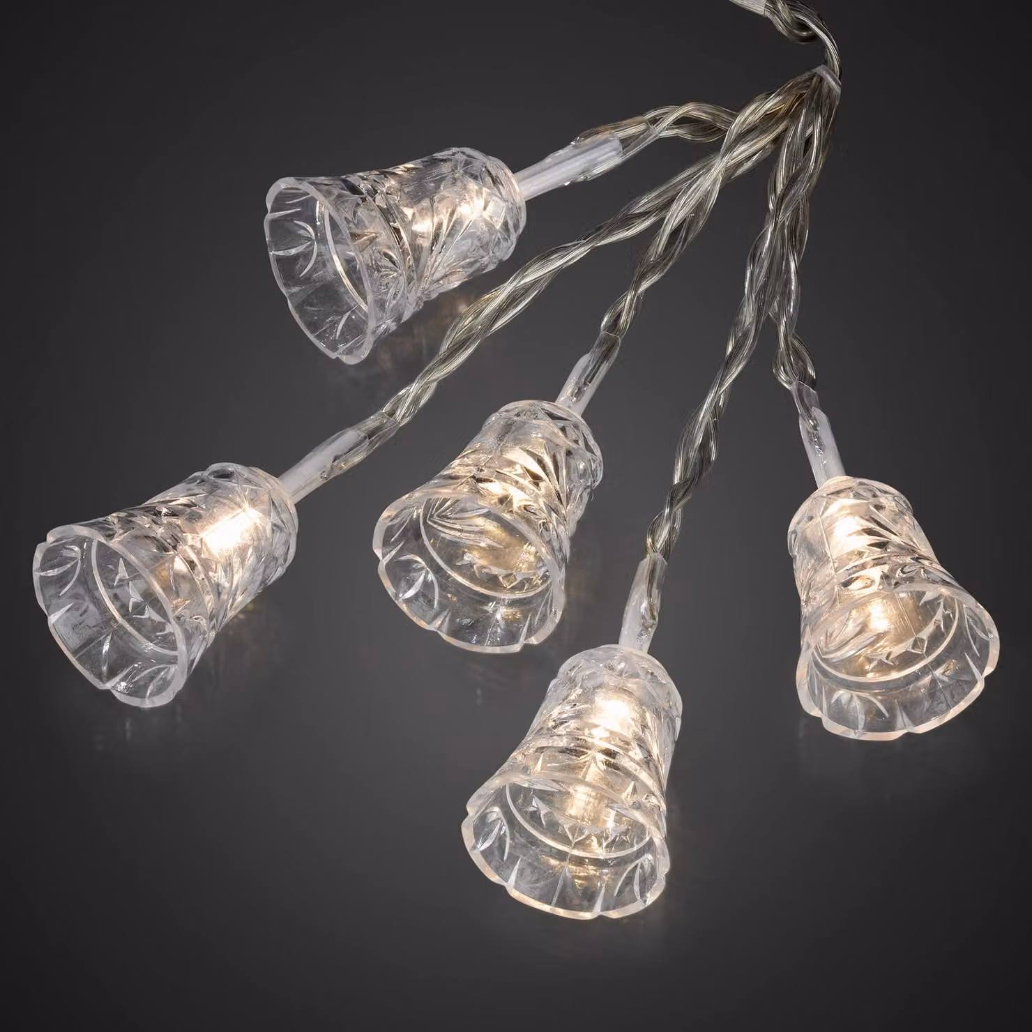 Catena luminosa con 24 luci a forma di campanella, luce bianco caldo, lunghezza 2,30 metri, trasparente