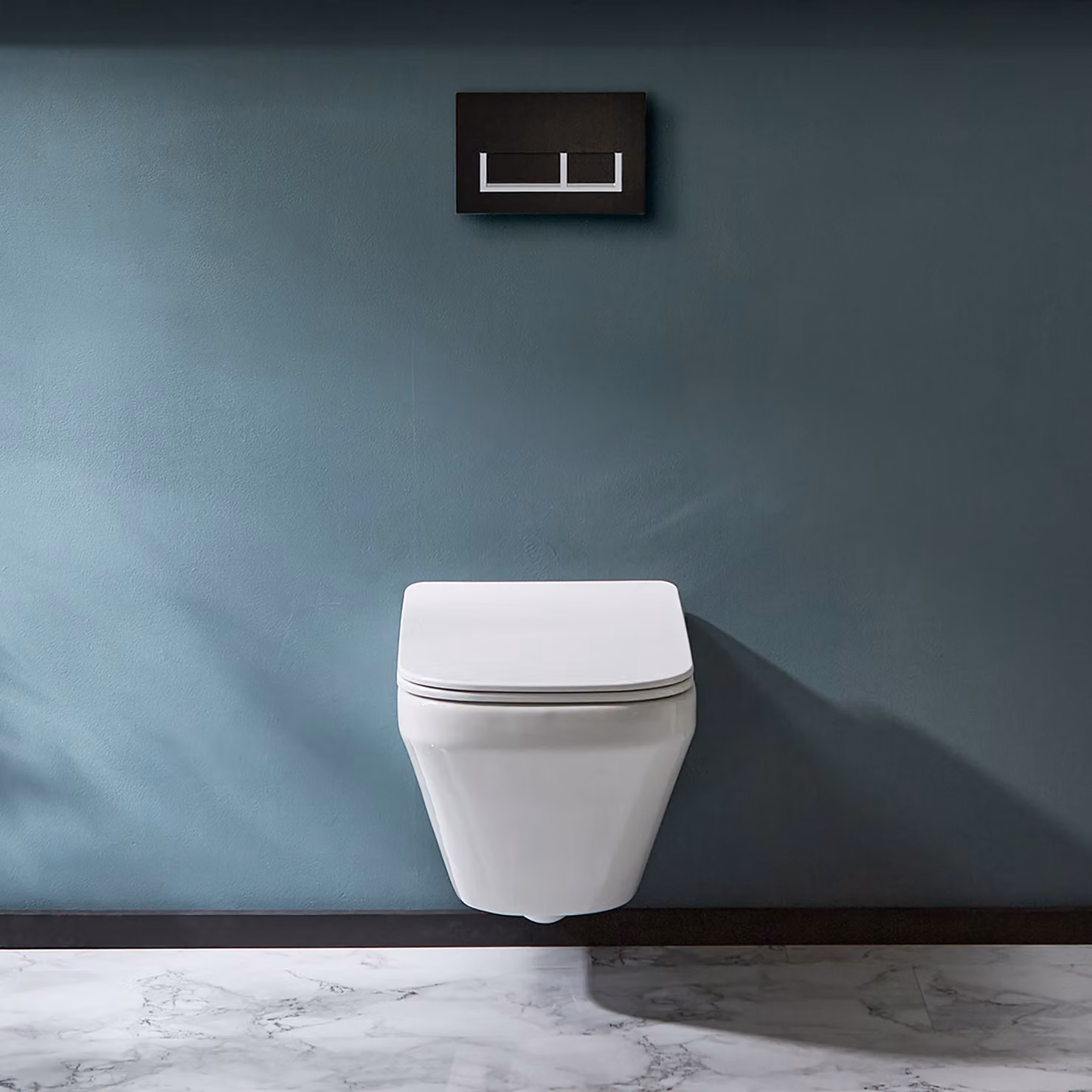 Sanitario WC Sospeso Senza Brida con Telaio Alto - Placca di Comando Rettangolare Bianca/Cromata - Exton