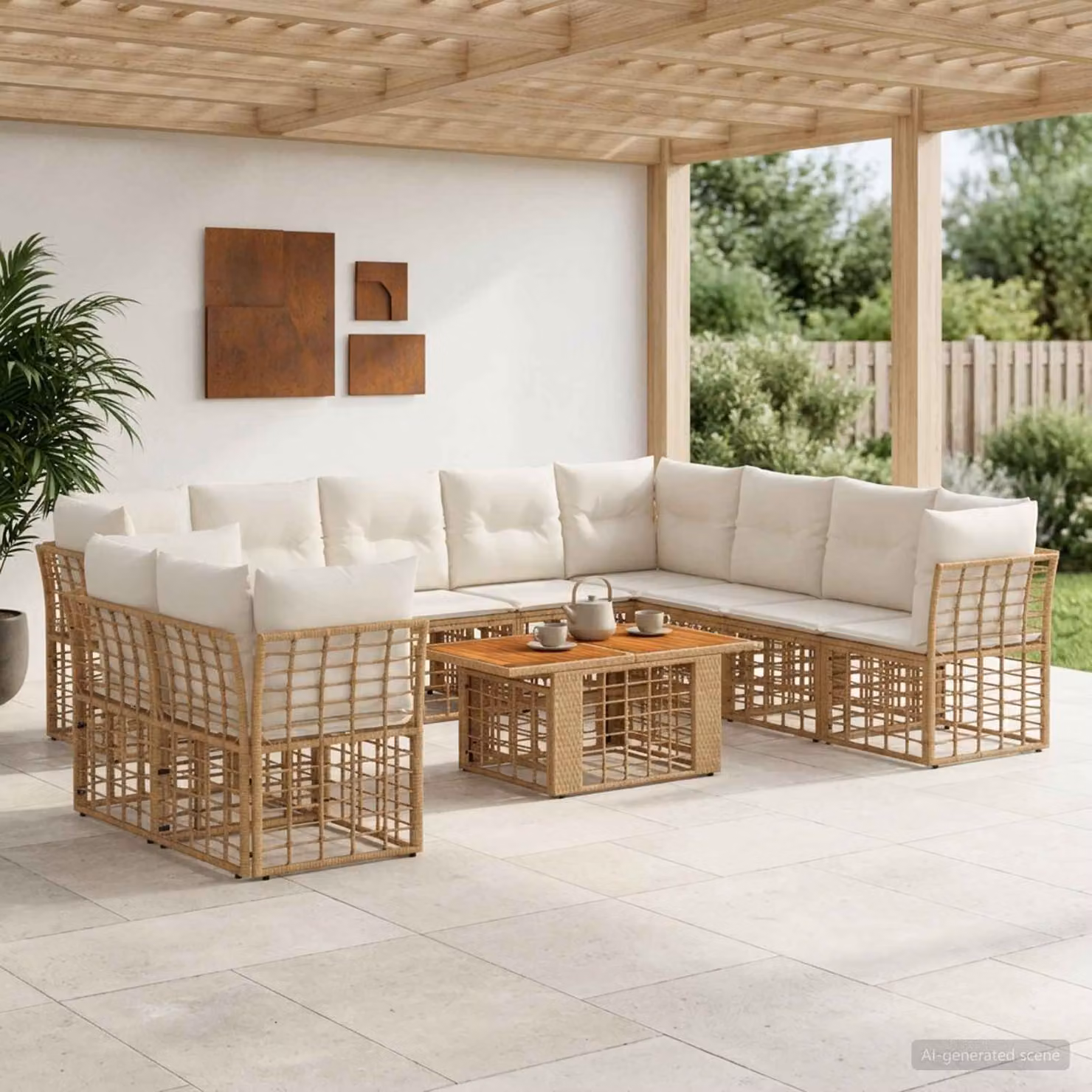 Set Divano da Giardino vidaXL 11 pz in Polyrattan con Cuscini e Tavolino, Design Moderno a L, Colore Naturale e Bianco Crema