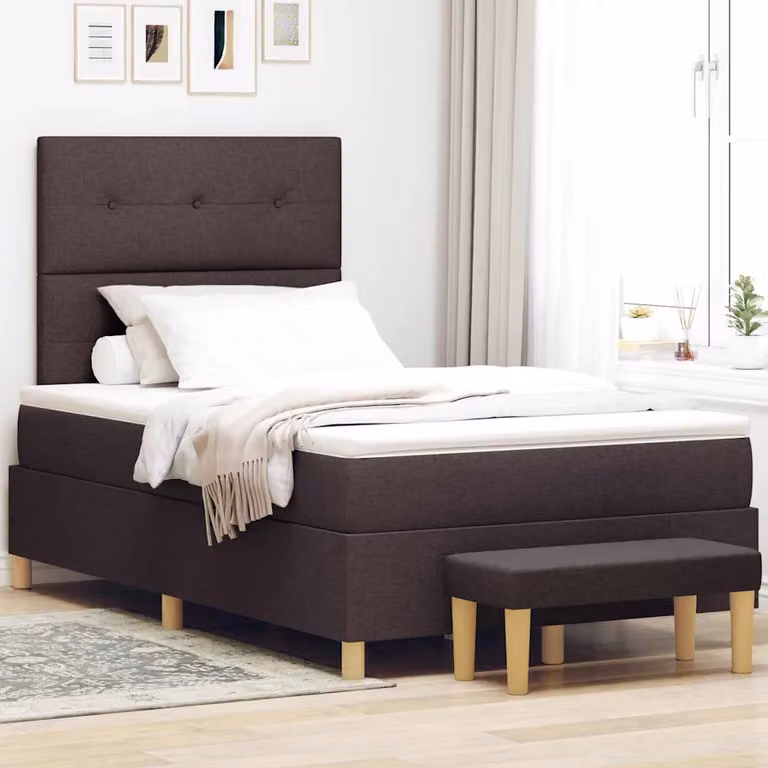 Letto a molle con testiera vidaXL in tessuto marrone con struttura in legno e schiuma L/P/H: 200 x 120 x 128 cm