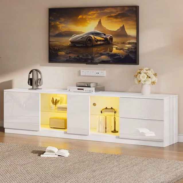 Mobile TV 160x40x52 cm bianco in MDF con LED, 2 cassetti e vano