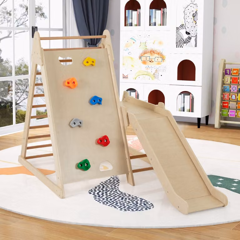 Costway Palestra Jungle 3 in 1 per bambini con scivolo esteso e scaletta in legno Naturale e Multicolore