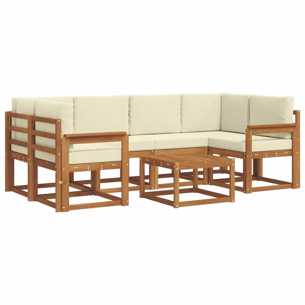 Set di divani da esterno a L vidaXL in legno di acacia con tavolo e pouf, 7 pezzi, Beige e Bianco – 2