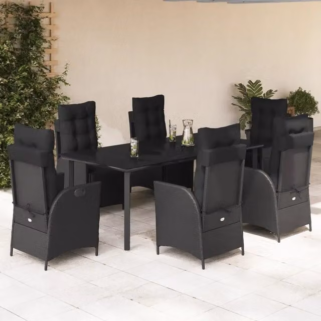 Set da pranzo da giardino vidaXL in polyrattan e vetro nero con 7 pezzi