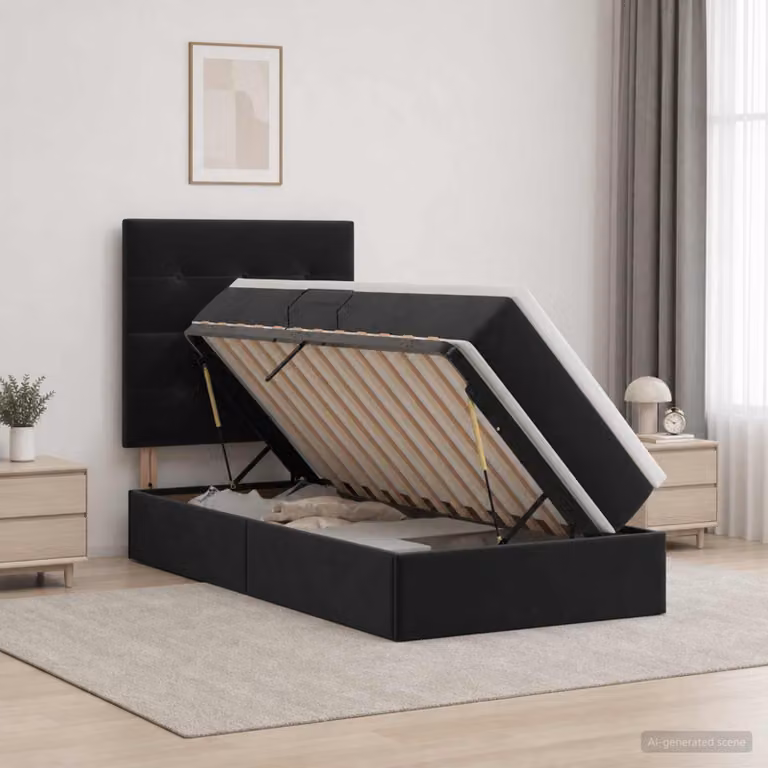 Letto con contenitore e materasso vidaXL in velluto nero L: 100 cm, P: 200 cm, H: 128 cm, 140 cm, 204 cm