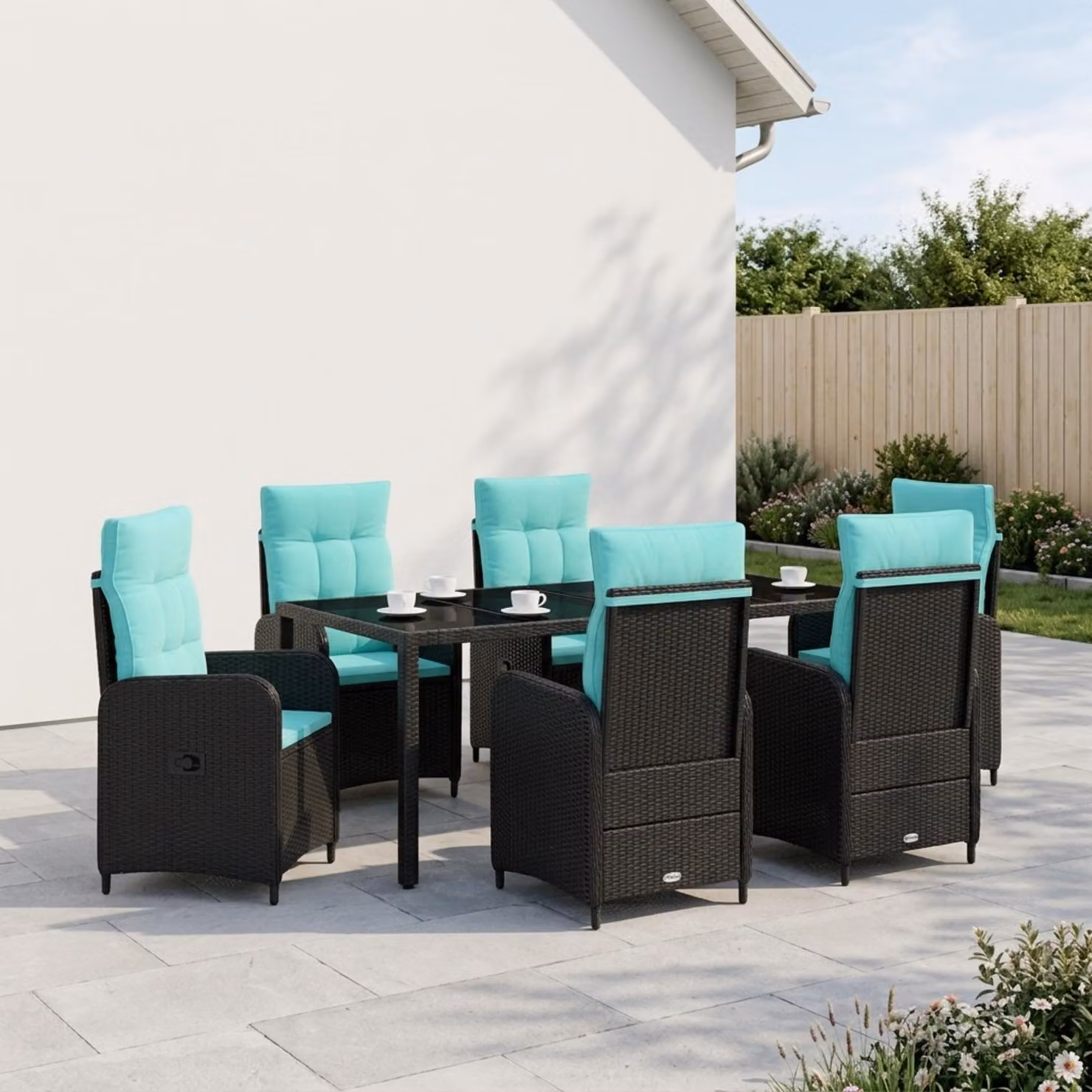 Set da pranzo per esterni vidaXL in polyrattan da 7 pezzi con tavolo in vetro antracite o nero