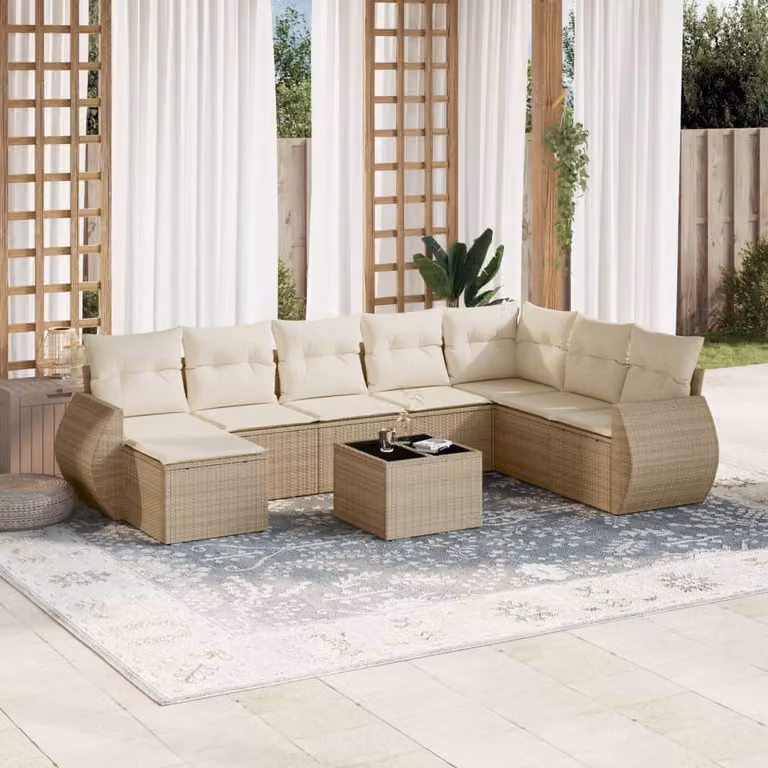 vidaXL Set Divano da Giardino a L in Polyrattan Beige con 9 Pezzi e Cuscini Imbottiti