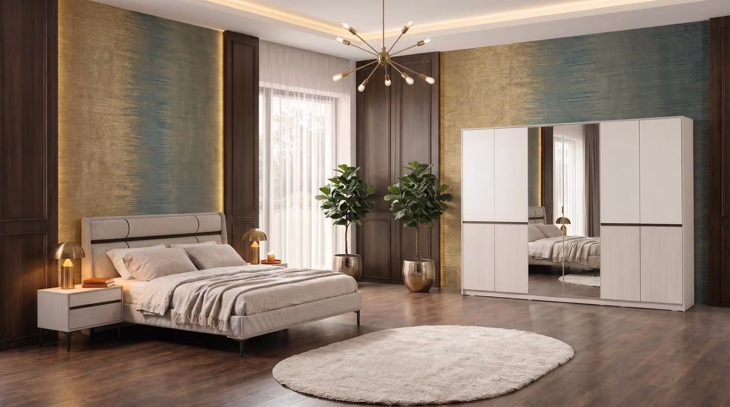 Set completo per camera da letto moderno, color beige, composto da letto, armadio e comodini, di alta qualità