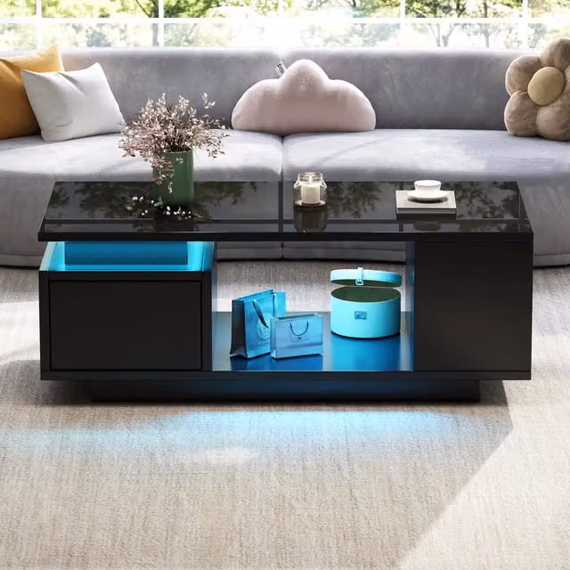 Tavolino da Salotto Nero 100x50x36 cm con Cassetto, LED ad Alta Lucentezza, 4 Vani Laterali e Design Traforato Centrale