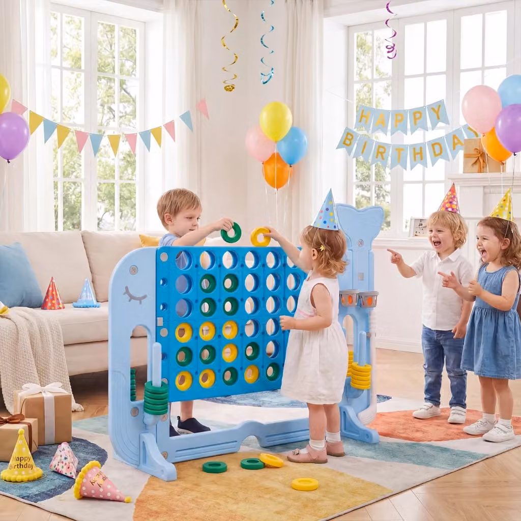 Gioco Forza 4 Gigante con Altezza Regolabile per Bambini, Set Completo con 42 Pedine, Pallone da Basket, Mazza da Golf e Anelli, Colore Blu – 2
