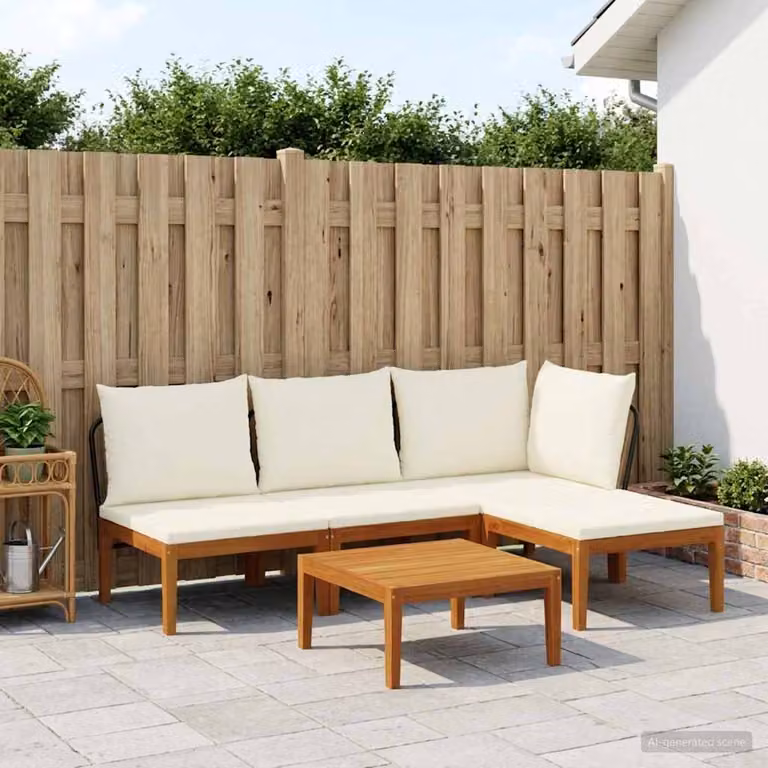 Set da giardino vidaXL in legno di acacia con cuscini, composizione a L con divano, tavolino e pouf, colore marrone, beige e bianco