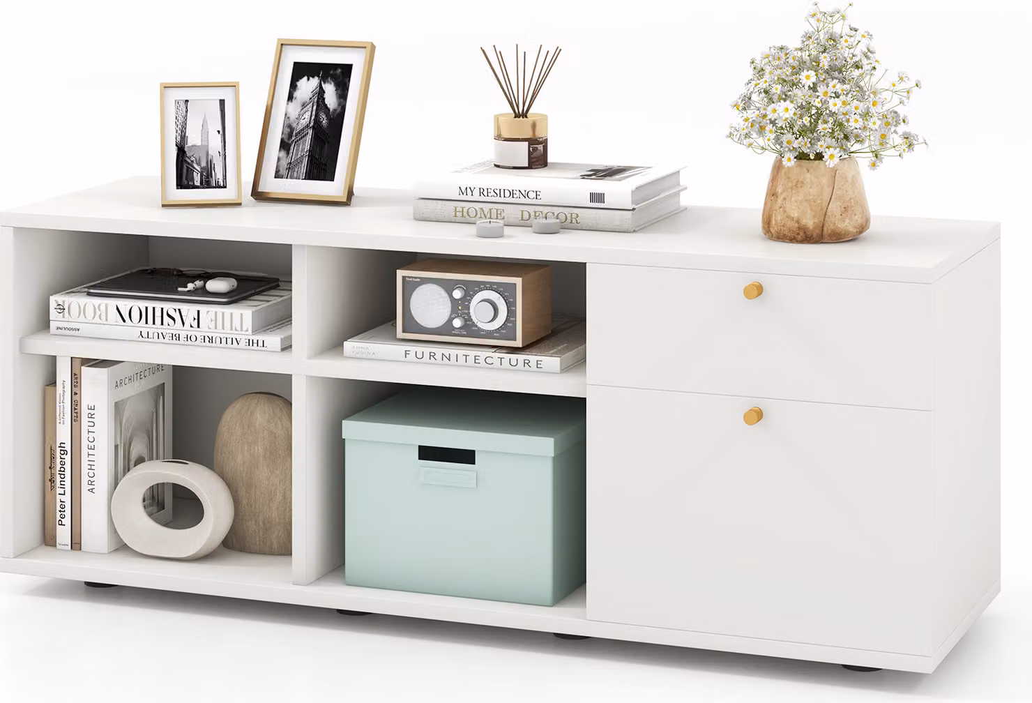 COSTWAY Mobile contenitore bianco, cassettiera da ingresso con 2 cassetti, 4 scomparti e piedini regolabili, base autoportante