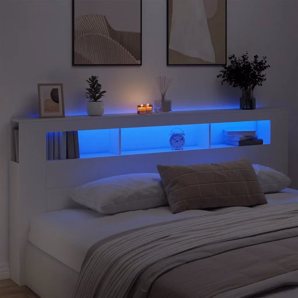 Testata LED Design In Bianca in Legno Multistrato con Mensola e Porta USB L/P/H: 220 x 18,5 x 103,5 cm – 2