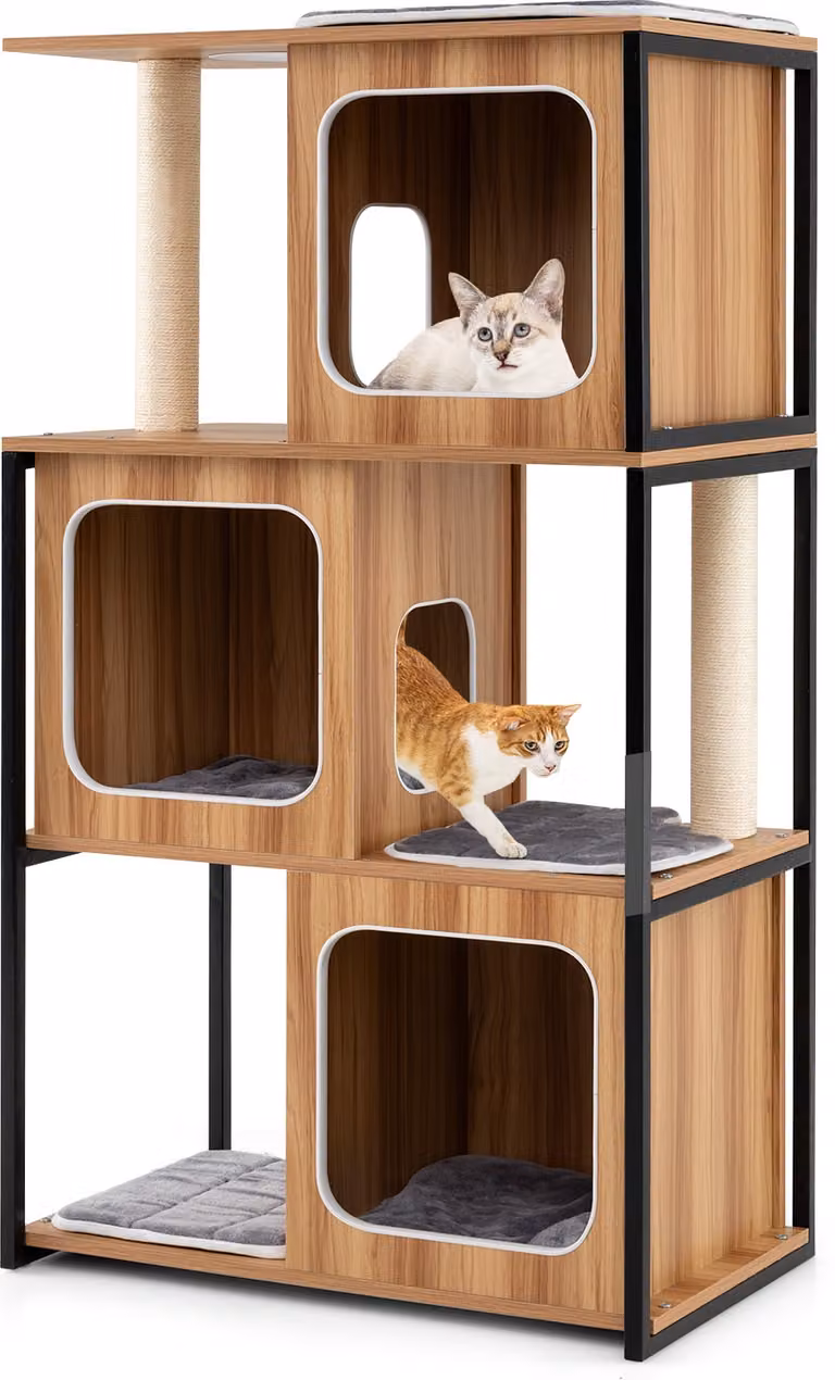 COSTWAY albero per gatti 133 cm, casa per gatti con punto di osservazione imbottito, piattaforme, cuscini rimovibili e tiragraffi mobili per gatti multipiano