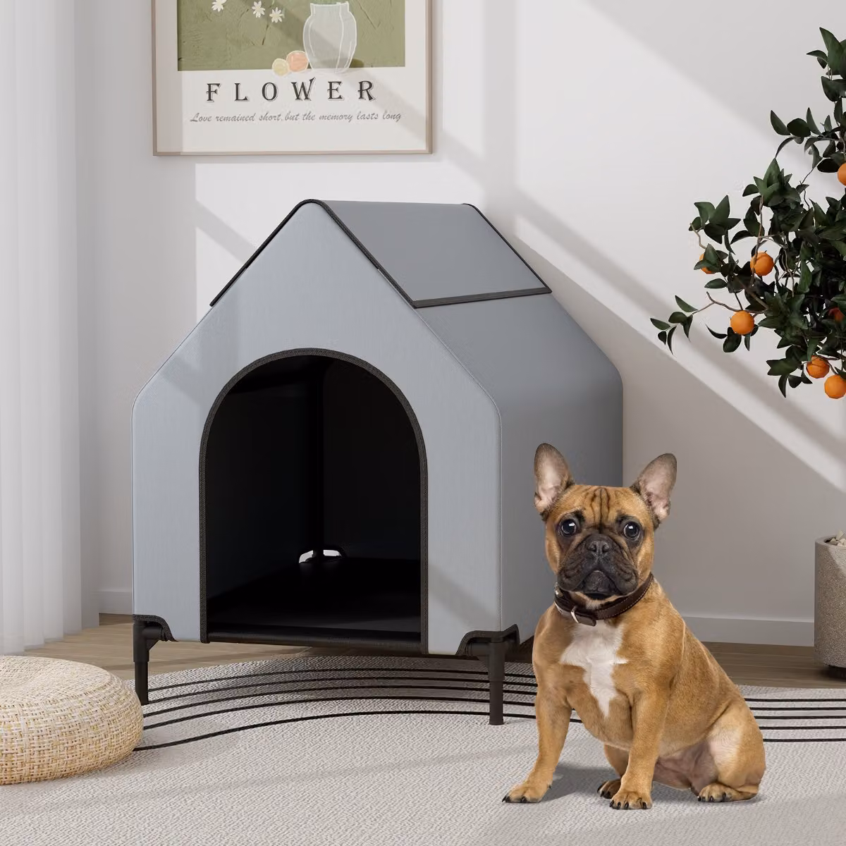 Cuccia rialzata per cani Costway con finestre ventilate e copertura rimovibile, Grigio, L 64 cm x P 91 cm x H 86 cm