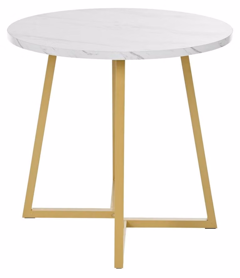 Tavolo rotondo da pranzo con motivo marmorizzato, struttura in metallo, diametro 80 cm, bianco/oro