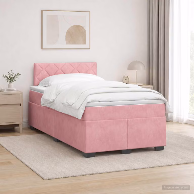 Letto a molle con materasso e illuminazione LED rosa, dimensioni 120 x 190 cm, rivestito in velluto