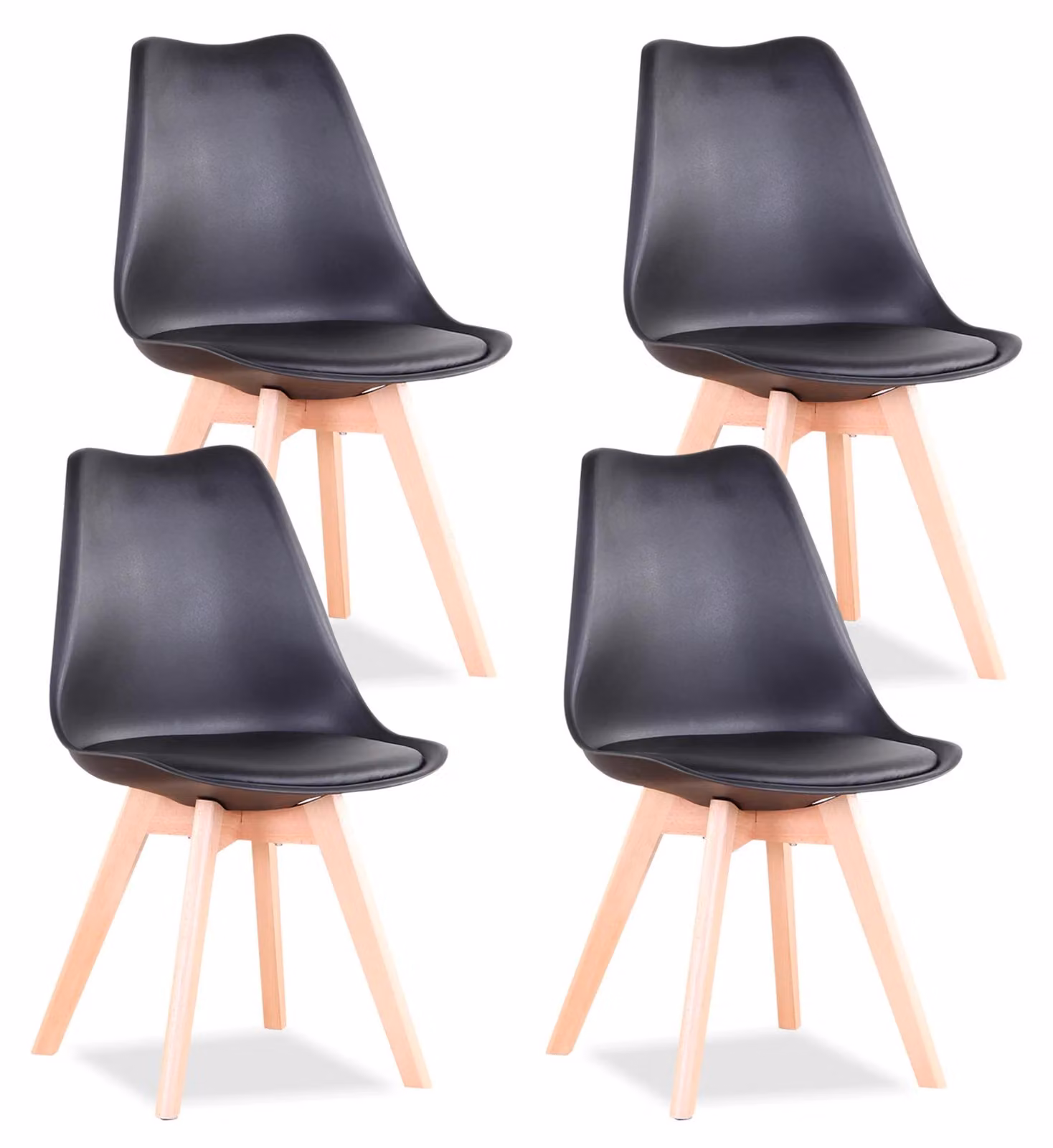 Set di 4 sedie da pranzo - Sedia - Seduta in plastica - Gambe in legno di faggio massello - Stile scandinavo moderno - Adatta per cucina, sala da pranzo, ufficio - Colore: nero