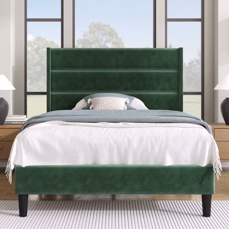Letto imbottito Merax 90x200cm in velluto con rete a doghe e testata, verde scuro