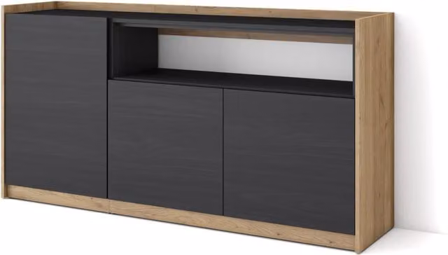 Credenza, Mobile, Cucina, 156x80x37 cm, 3 Porte, grande stoccaggio, Nero e rovere
