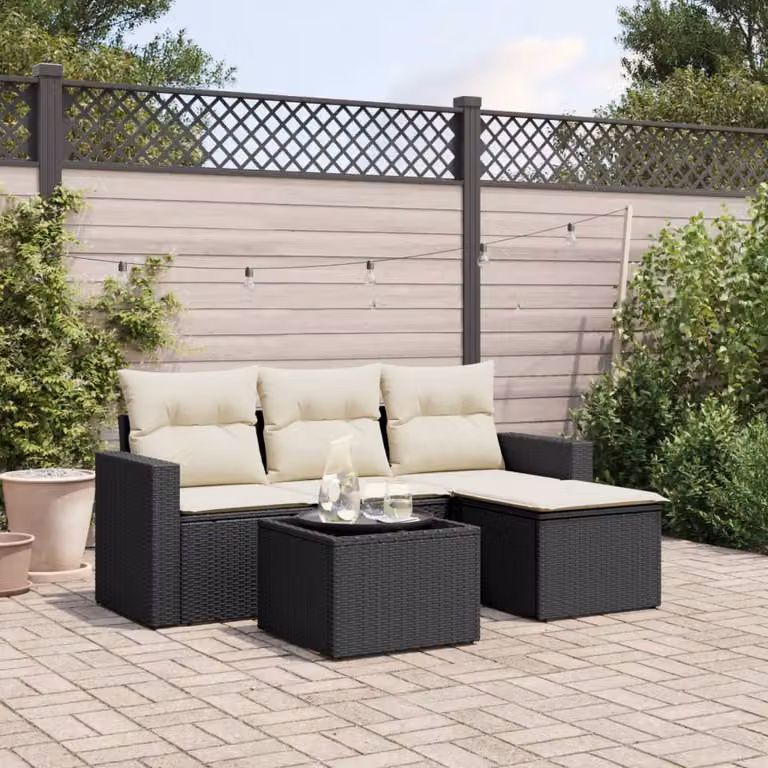 vidaXL Set Divani da Giardino 5 pz in Polyrattan Nero con Cuscini e Tavolino da Esterno