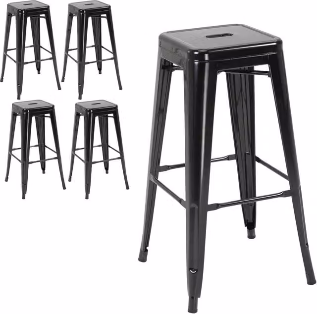 Set 4 Sgabelli da Bar in Metallo Nero, Sedie Alte Impilabili con Poggiapiedi per Casa e Cucina, 43x43x76 cm