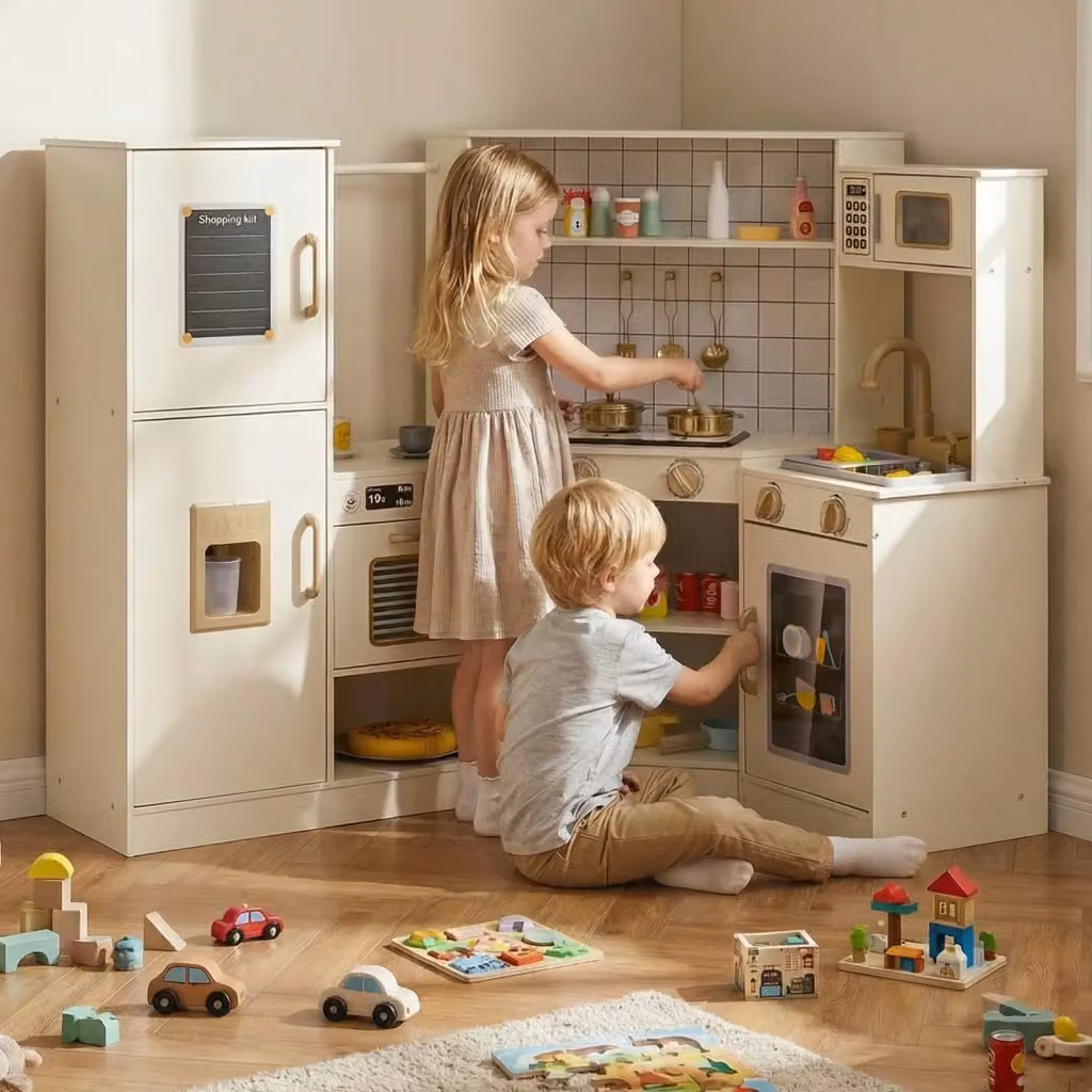 Cucina giocattolo angolare per bambini Design In in legno bianco con accessori, fornelli, forno, microonde, lavastoviglie e distributore di ghiaccio, adatto a bambini dai 3 anni in su – 2