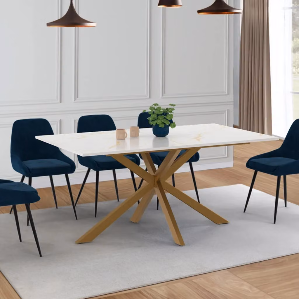 IDMarket Tavolo da pranzo rettangolare ALIX per 8 persone con piano effetto marmo bianco ALASKA e gamba a ragno in ottone oro – 2