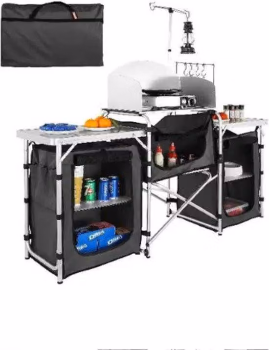 Barbecue portatile in alluminio con 3 cassetti e paravento - 174x110x46 cm - borsa da trasporto inclusa