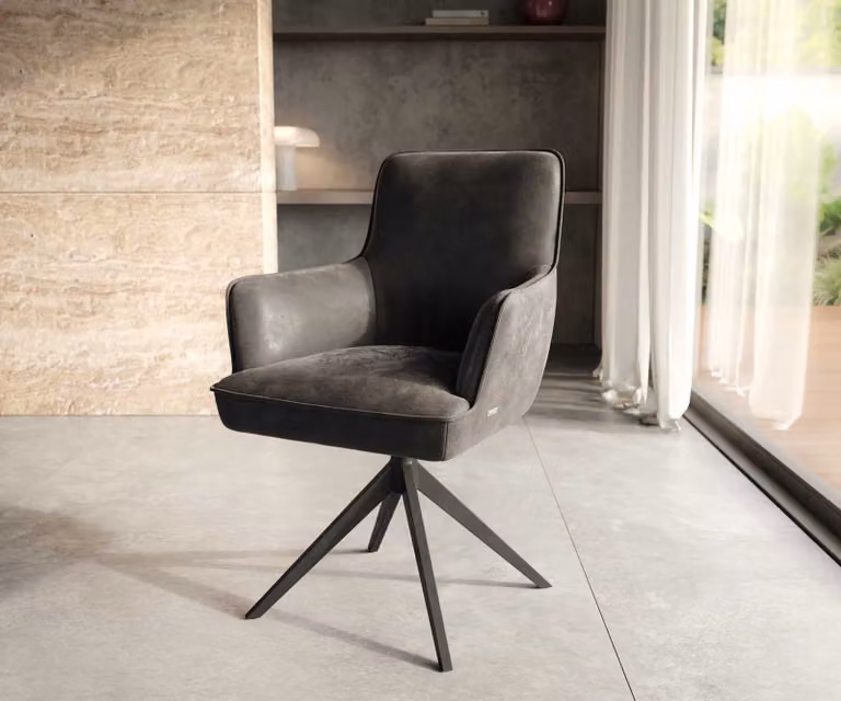 DELIFE Sedia girevole Heira-Flex con braccioli in microfibra antracite vintage, base a croce larga, nera, girevole a 360°, molle insacchettate