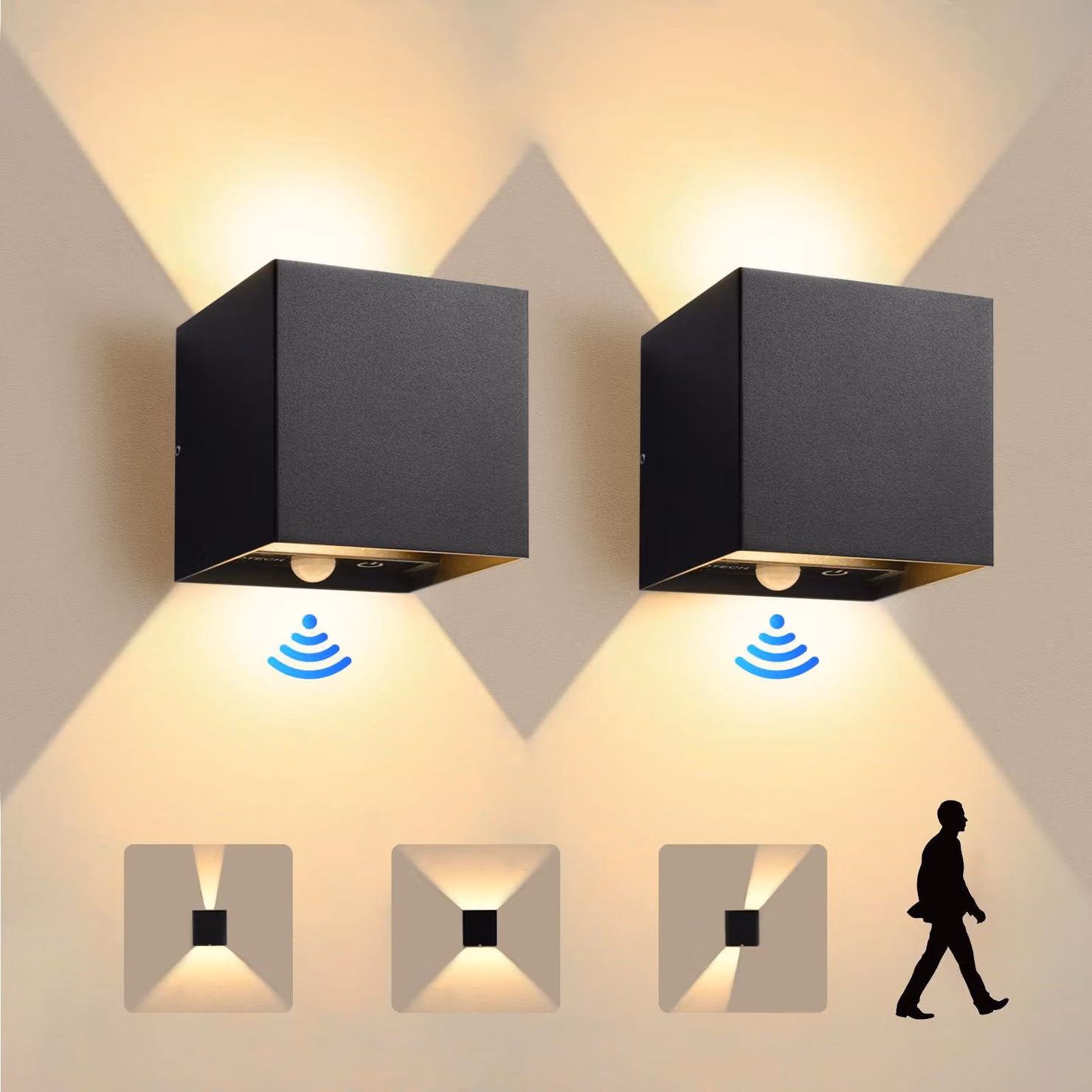 Lampada a LED da parete, set da 2, 12 W, grado di protezione IP65, 1320 lumen, 3000 K, colore nero, controllo touch