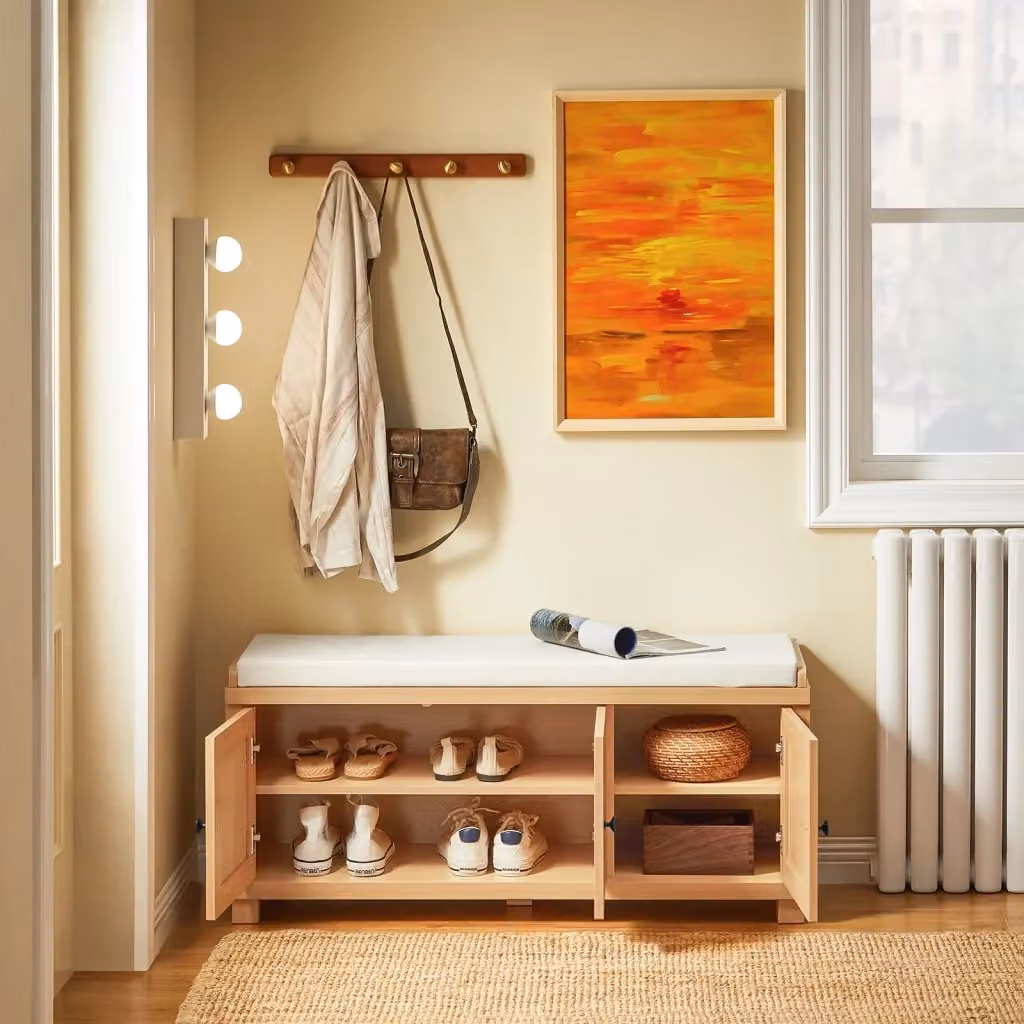 SoBuy Scarpiera da Ingresso con 3 Ante e Panca Contenitore con Cuscino, Colore Naturale, L: 104 cm, P: 35 cm, H: 47 cm – 2