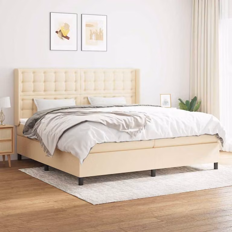 vidaXL Giroletto a Molle con Materasso Ibrido in Tessuto Beige e Bianco L/P/H: 200 x 200 x 25 cm