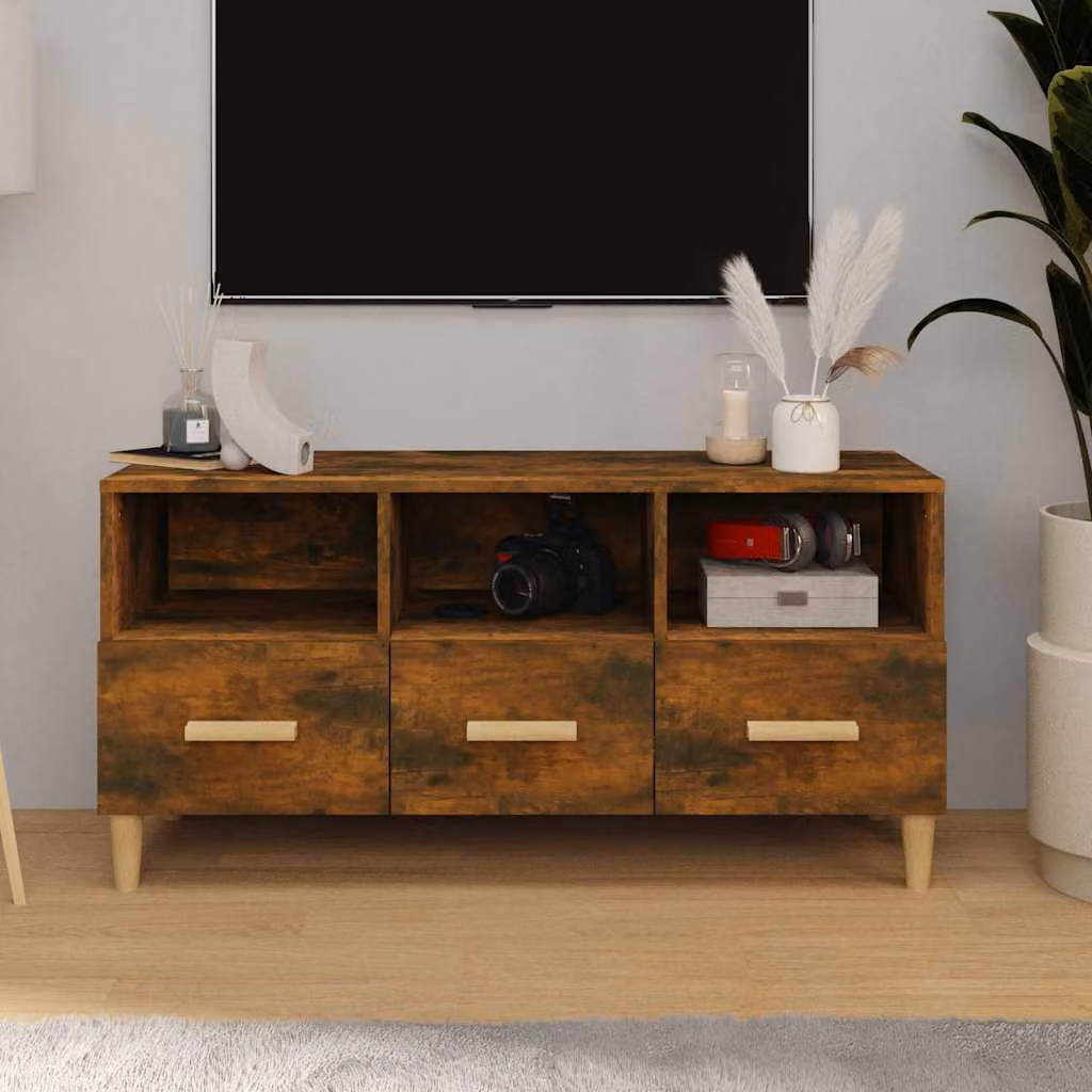 Mobile TV vidaXL in legno multistrato color rovere fumo con ruote, L 102 cm x P 36 cm x H 50 cm