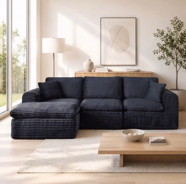 Divano modulare 3 moduli configurabile in velluto a coste nero e blu
