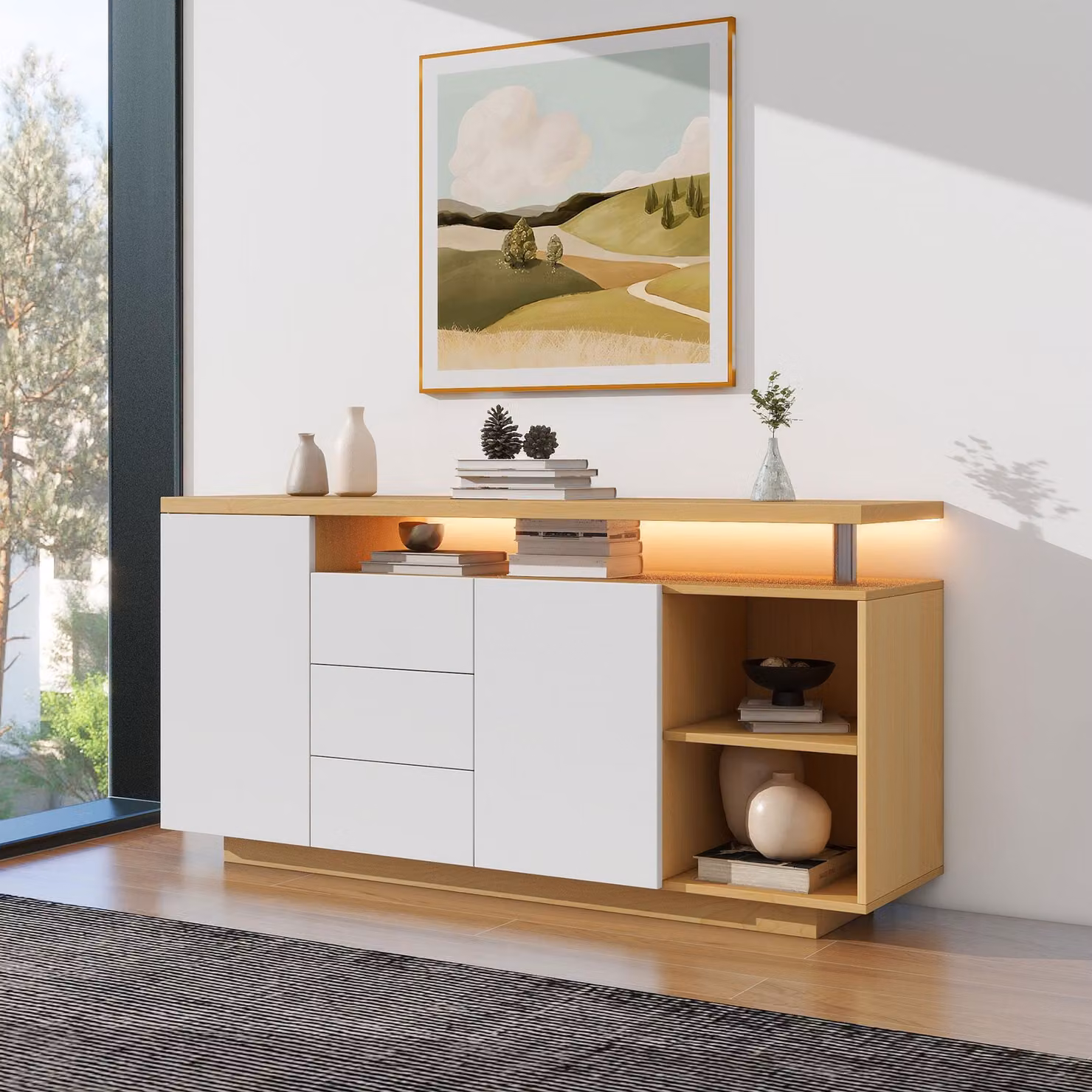 okwish 140x40x70 cm Mobile da cucina multifunzionale, 2 ante, 3 cassetti, 2 ripiani aperti, con illuminazione a LED, bianco e naturale