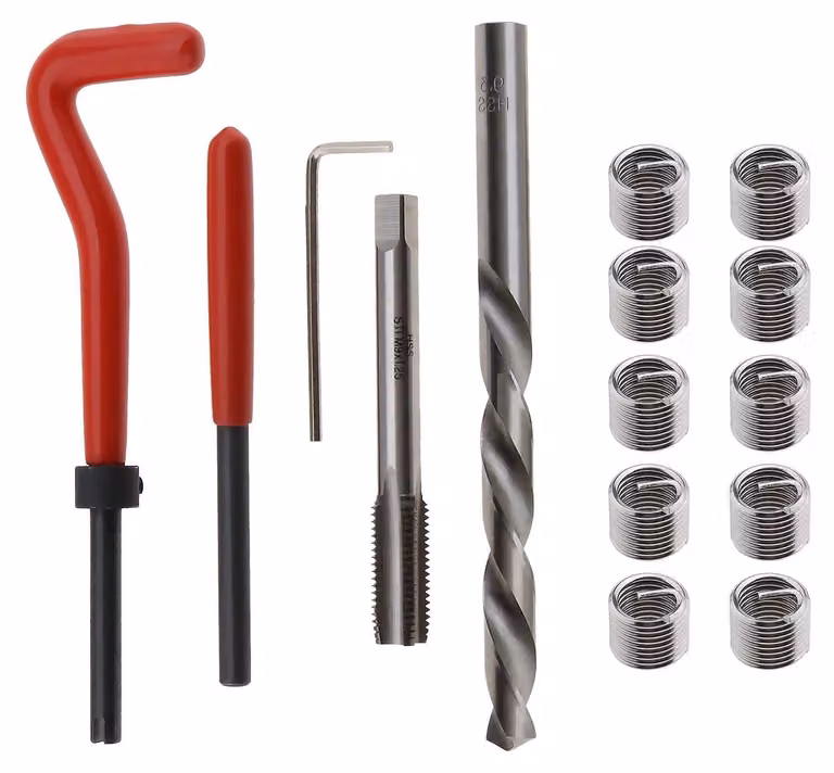 Kit di riparazione filettature M9 x 1,25 mm - 15 pezzi - Acciaio ad alta velocità - Utensile di installazione - Utensile per la rimozione dei perni rotti - Trapano elicoidale - Kit di ripristino filettature