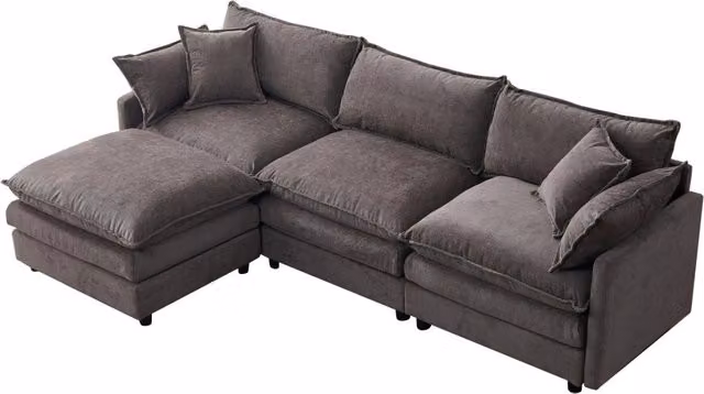 Divano angolare modulare 3 posti in chenille premium con chaise longue e pouf, comodo divano a L per soggiorno e piccoli spazi