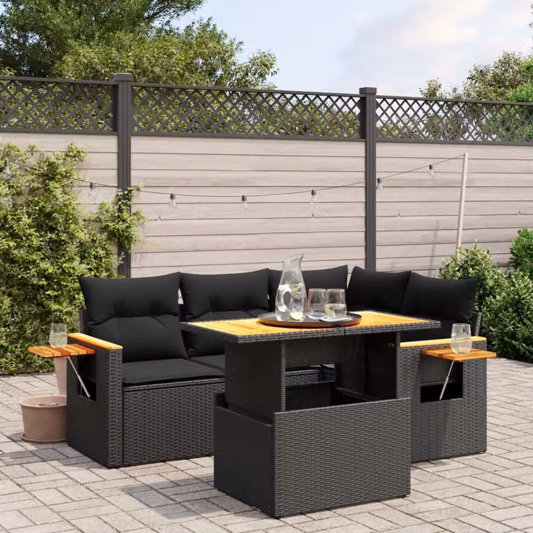 vidaXL Set Divani da Giardino 5 pz a Forma L con Cuscini in Polyrattan Nero e Tavolino da Caffè