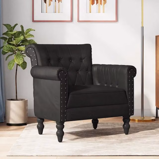 Poltrona Chesterfield nera in vera pelle con struttura in legno di mango vidaXL – 1
