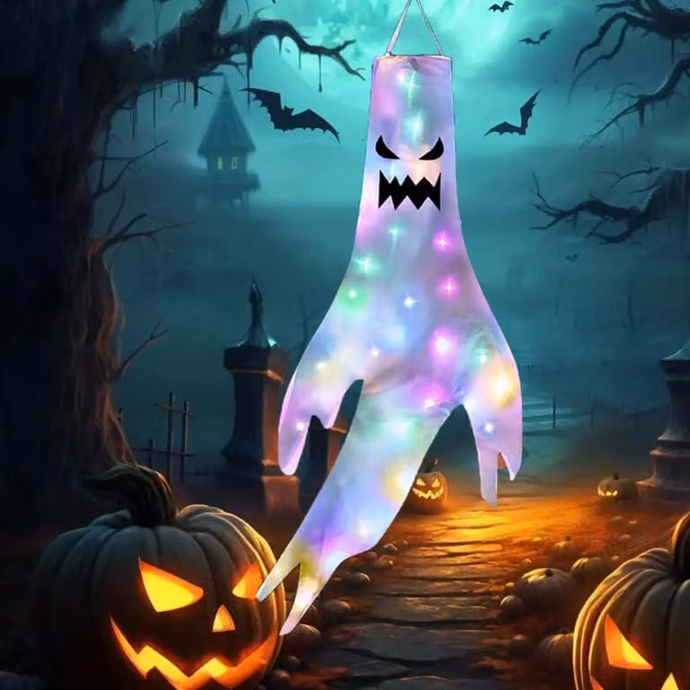Decorazione per Halloween: sacchetto con luci LED, 60x120 cm, a forma di fantasma