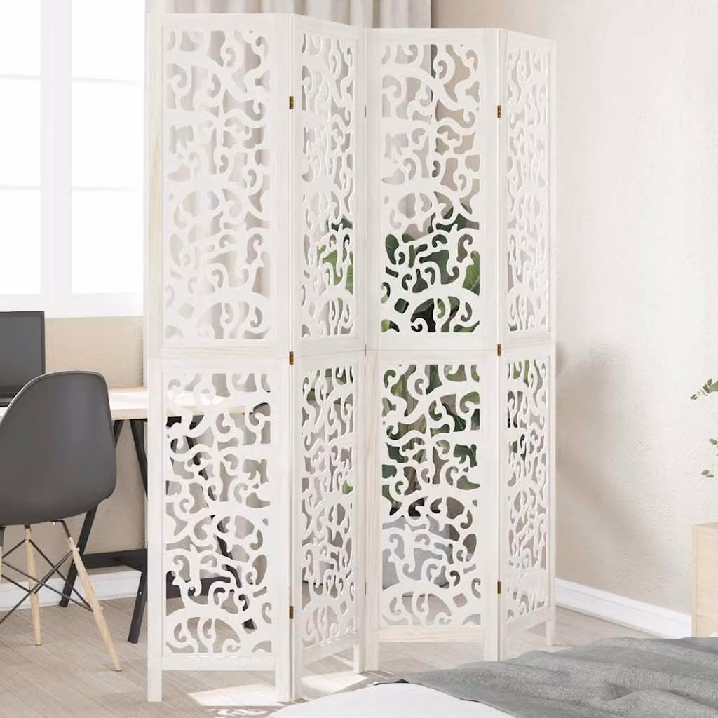 Divisorio Ambienti vidaXL a 4 Pannelli in Legno di Paulownia Bianco Moderno con Design Astratto Opaco H: 200 cm, L: 145 cm, P: 140 cm